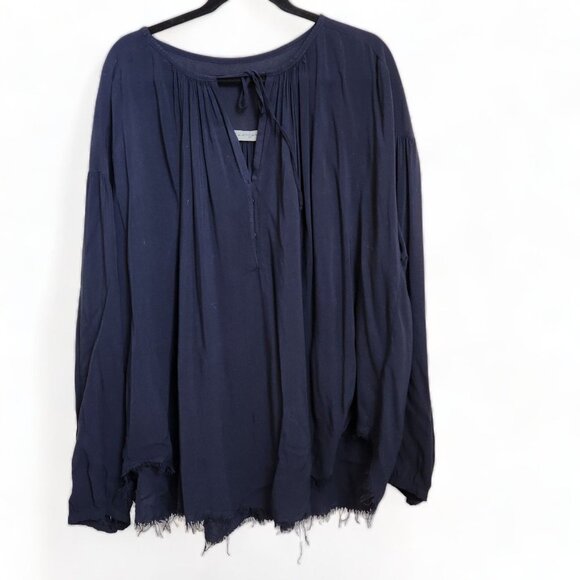 Raquel Allegra Blouse Womens Size 2‎ Large Fringe Hem Navy Blue Long Sleeves - Picture 1 of 13